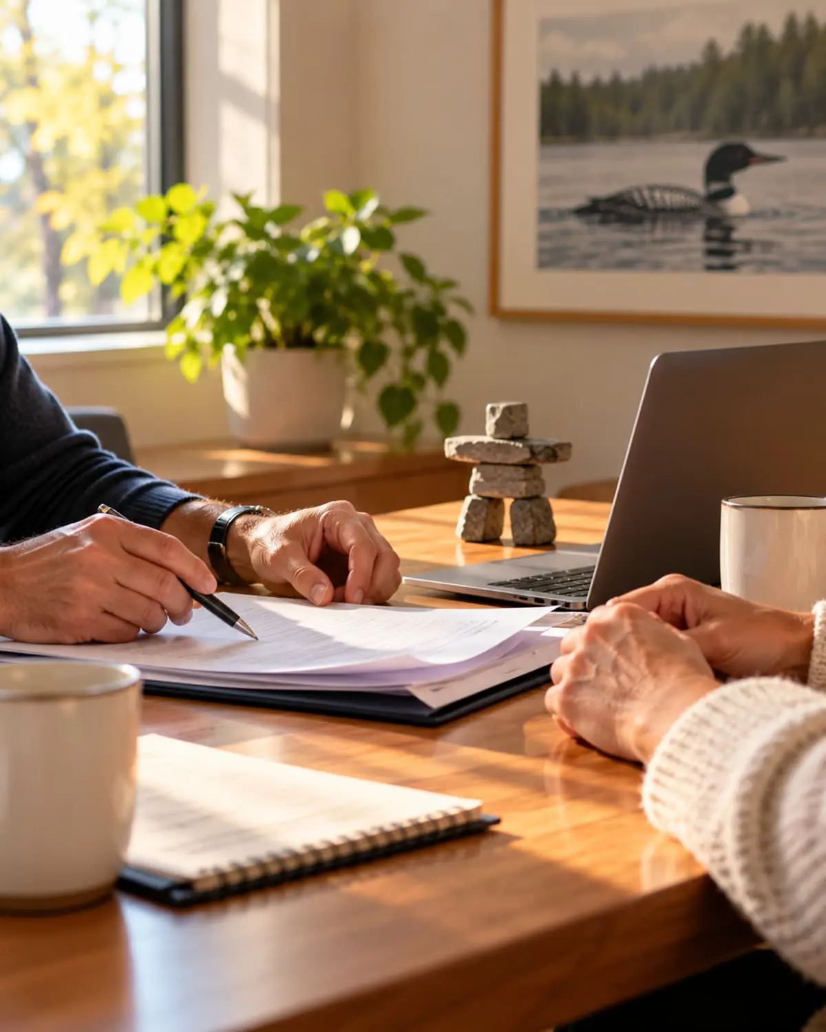 Two people reviewing documents together at a consultation table in warm light